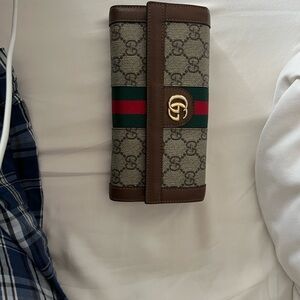 Gucci Beige and Brown Wallet with Red and Green Accent